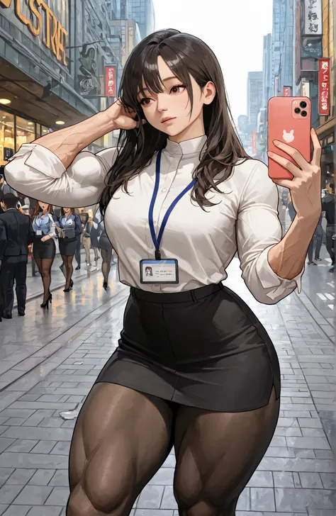 best quality, masterpiece after sex, super detailed,  8K resolution on the front, tall young woman accidentally bumped into  ,  and apologize, wearing casual modern clothes,pantyhose, , Selfie,hapiness, city street background,there are pedestrians and buil...