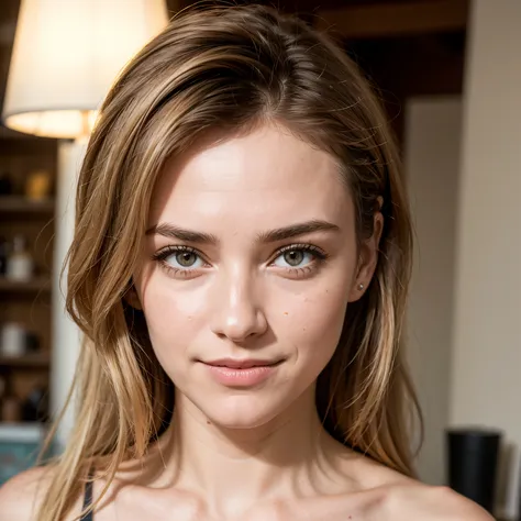 Créer le portrait d’un personnage féminin entièrement fictif. 
Elle a 23 ans, cheveux blonds, traits harmonieux, beauté naturelle. 
Style réaliste avec des lèvres pulpeuses, de longs sils, une expression souriante et des petite fossettes 
Expression douce,...