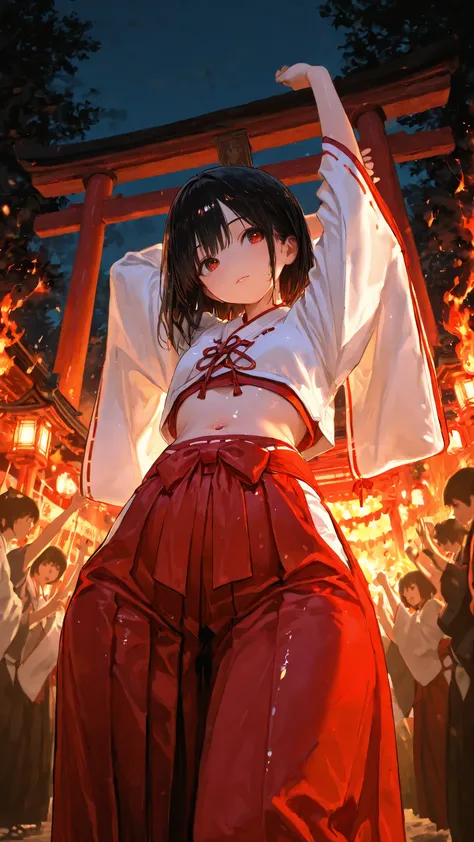 top quality, Picture, in fine detail, young shrine maiden, Authentic shrine maiden costume, ミニHakamaをはいている、long black hair, traditional white and red costume, stretching her arms towards the camera, making direct eye contact, Night Fire Festival, Dance of ...