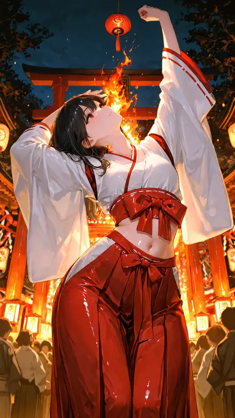 top quality, Picture, in fine detail, young shrine maiden, Authentic shrine maiden costume, ミニHakamaをはいている、long black hair, traditional white and red costume, stretching arms toward the camera, making direct eye contact, Night Fire Festival, Dance of Fire ...