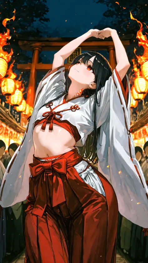 top quality, Picture, in fine detail, young shrine maiden, Authentic shrine maiden costume, (ローライズミニHakamaをはいている:1.5)、long black hair, traditional white and red costume, stretching her arms towards the camera, making direct eye contact, Night Fire Festival...