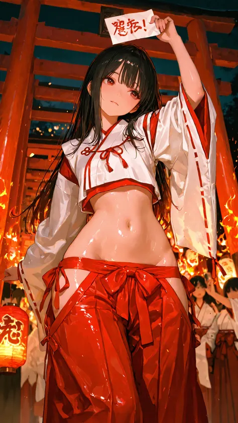 top quality, Picture, in fine detail, young shrine maiden, Authentic shrine maiden costume, long black hair, traditional white and red costume, stretching arms toward the camera, making direct eye contact, Night Fire Festival, Dance of Fire Illuminated fro...