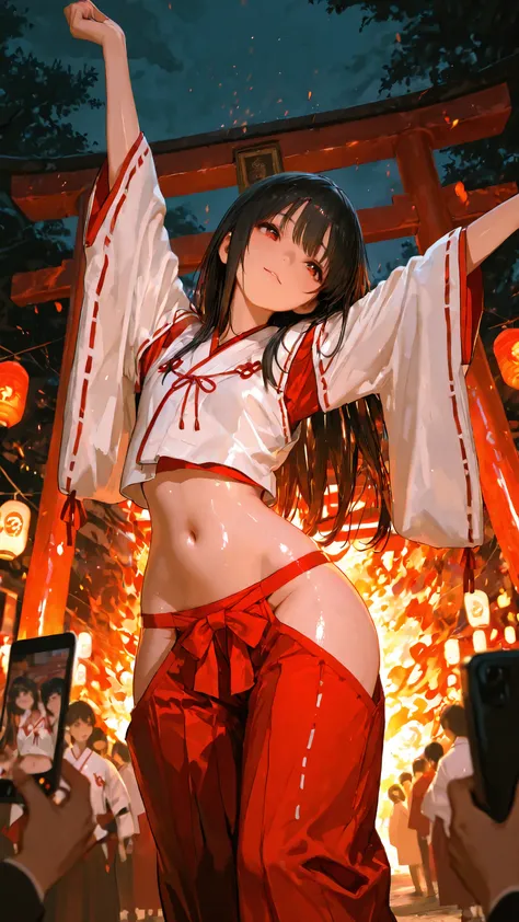 top quality, Picture, in fine detail, young shrine maiden, Authentic shrine maiden costume, long black hair, traditional white and red costume, stretching her arms towards the camera, making direct eye contact, Night Fire Festival, Dance of Fire Illuminate...