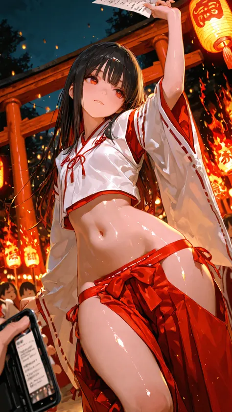 top quality, Picture, in fine detail, young shrine maiden, Authentic shrine maiden costume, long black hair, traditional white and red costume, stretching her arms towards the camera, making direct eye contact, Night Fire Festival, Dance of Fire Illuminate...