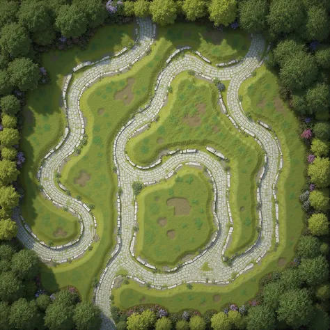 RPGmap,planar two-dimensional image of the map top view in the form of a board game mat elven lawn with white marble brick paths