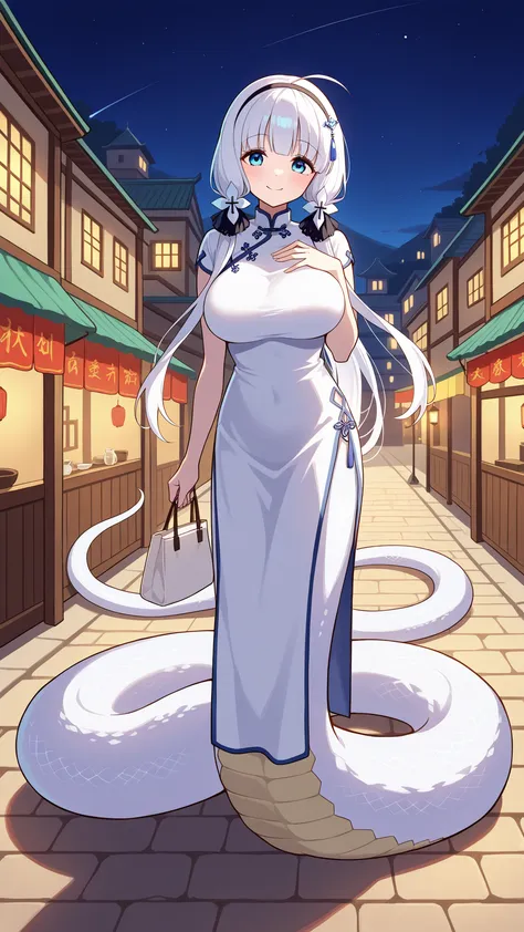 (Fraction_9, Fraction_8_Up, Fraction_7_Up), ( best quality ),( All five fingers ),(masterpiece),high resolution,
1 girl,illustrious,white cheongsam,Chinese cheongsam,white tote bag,big boobs,blue eyes,Hair accessories,Hairband,long hair,White hair,lamia...
