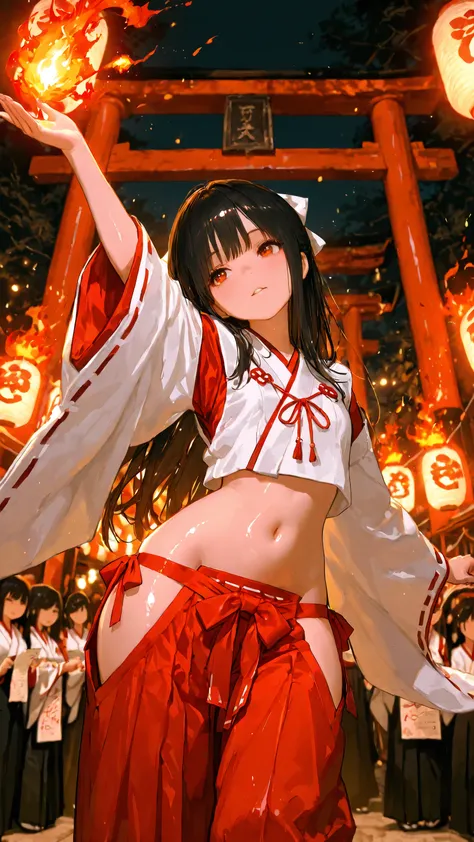 top quality, Picture, in fine detail, young shrine maiden, Authentic shrine maiden costume, long black hair, traditional white and red costume, stretching her arms towards the camera, making direct eye contact, Night Fire Festival, Dance of Fire Illuminate...