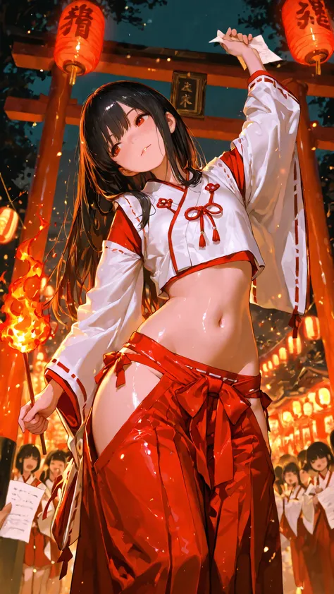 top quality, Picture, in fine detail, young shrine maiden, Authentic shrine maiden costume, long black hair, traditional white and red costume, stretching her arms towards the camera, making direct eye contact, Night Fire Festival, Dance of Fire Illuminate...