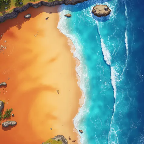 RPGmap, 2D planar image, wild beach, coastline , orange sand, blue water, without shadows