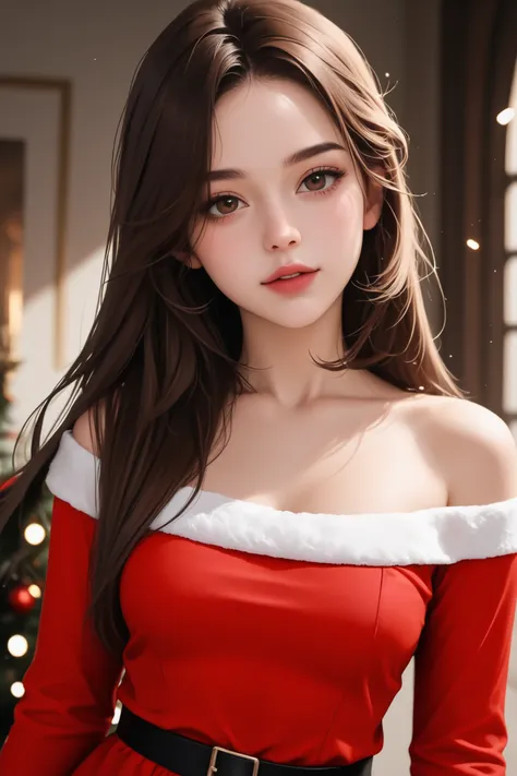(Red santa dress), long brown straight hairs, long sleeves