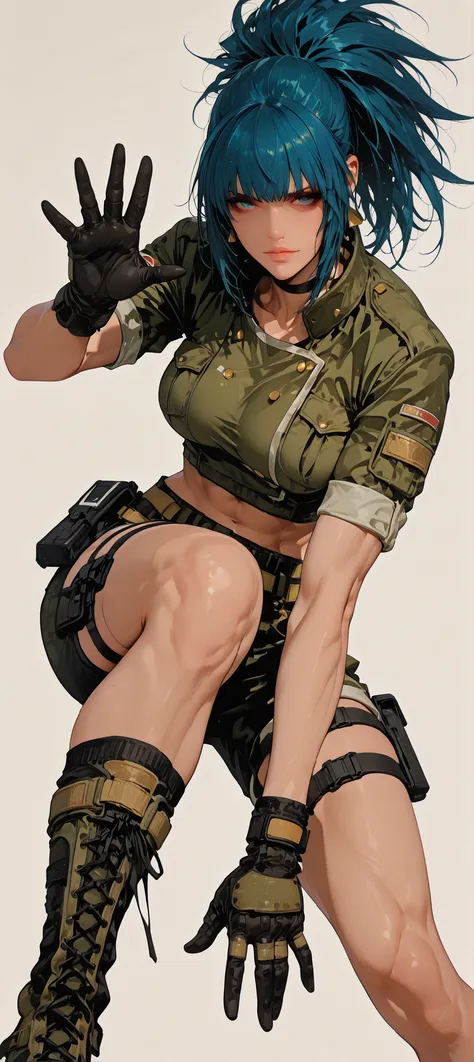 ((she is looking at the viewer)), ((Simple Background)), intricate details, High quality, aesthetic, ultra detailed, beautiful face , ((dramatic knee-deep image)), medium breasts, body fit, 1girl, leona_Heidern(king of fighter), Confident expression, stand...