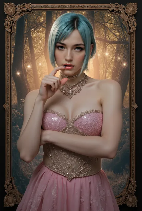 masterpiece,Highest Quality,very detailed,,1girl, She's Biting Her finger, Seraphina_tailor,short cian hair,Sharp Cheekbones ,Tan skin ,big boobs,detailed facial features,realistic skin texture,Classy expression ,Confident Postures,mystical background,Fant...