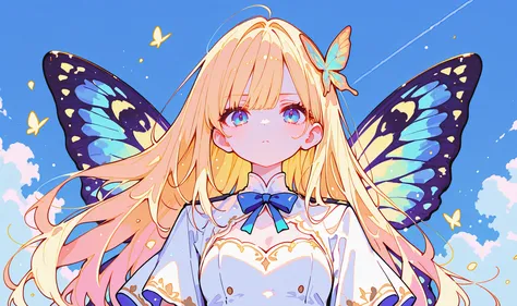 masterpiece, best quality, a fairy girl, long hair, floating golden hair, blue eyes, looking at viewer, serious, Uniform, butterfly wings, white dress, blue sky on the background, BREAK masterpiece, best quality, amazing quality, very aesthetic, newest, in...