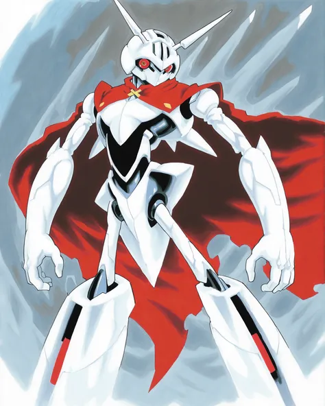 white beetle,tezuka osamu,1character,xamd mecha, traditional media, narrow waist, hips, striped,cyan eyes, robot,muscle, solo , 1boy, male focus,metal skin,tight,red eyes, no humans,thick, dynamic poses,buff,red cape