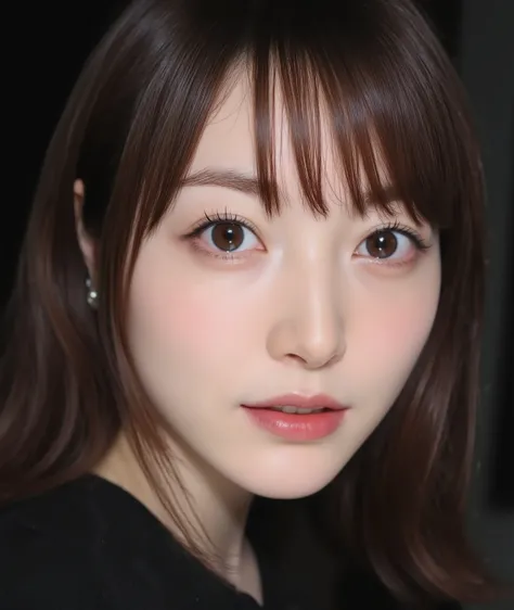 The image is a close-up photograph of a young Asian woman with a fair complexion. Her face dominates the frame, occupying the majority of the image, with her eyes, nose, and lips prominently visible. She has large, almond-shaped eyes with long, thick eyela...