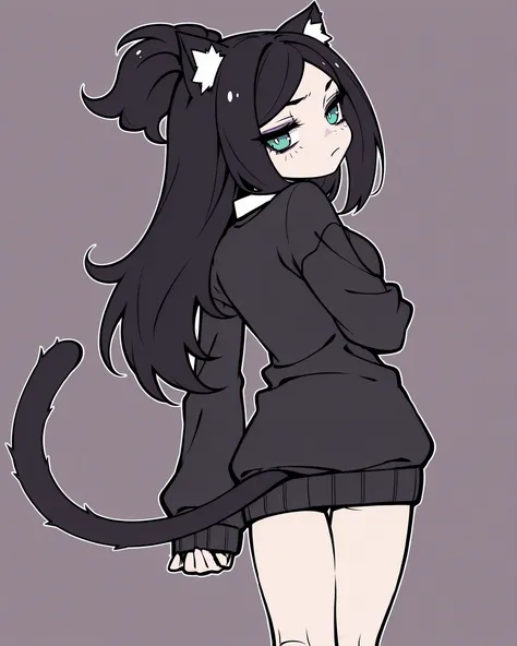 grabbing leg, from behind, legs crossed,grabbing leg, from behind, legs crossed,-goth kemonomimi black cat girl with long black hair, oversized cardigan, neutral expression, clean anime linework, muted solid background, neo tokyo pop style
