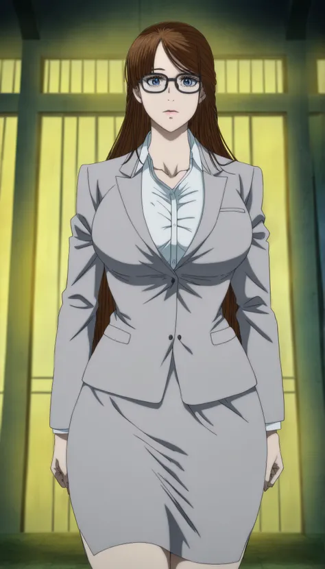 masterpiece,best quality,very aesthetic,volumetric lighting,amazing quality,absurdres,official style,anime coloring,anime screencap,
Yuriko Okada,1girl,solo,brown hair,long hair,blue eyes,lips,
teacher outfit,black-framed eyewear,glasses,white collared shi...