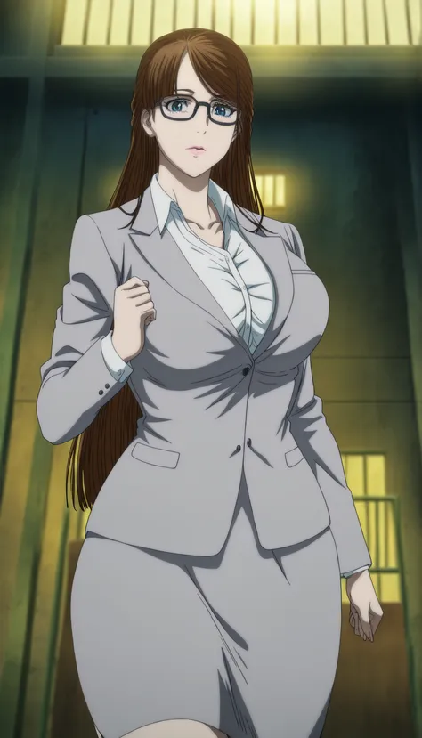 masterpiece,best quality,very aesthetic,volumetric lighting,amazing quality,absurdres,official style,anime coloring,anime screencap,
Yuriko Okada,1girl,solo,brown hair,long hair,blue eyes,lips,
teacher outfit,black-framed eyewear,glasses,white collared shi...