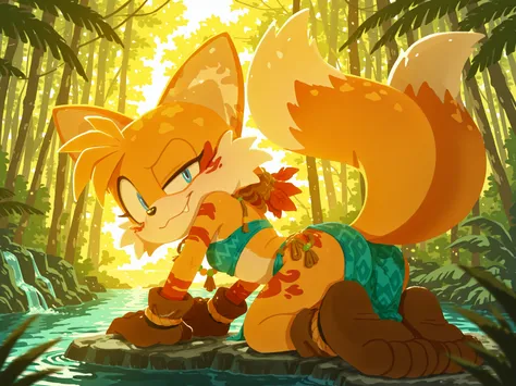 masterpiece, best quality, amazing quality, very aesthetic, high resolution, ultra-detailed, absurdres, newest, scenery, furry, anthro, sonic \(series\), {1girl, solo, furry_female, Tails_the_fox, fox, fang, blue_eyes, ((two_fox_tails)), head_tilt, raised_...