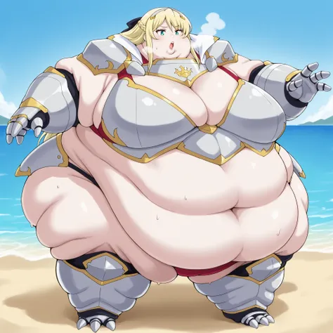 hildegardminaslestia, bikini armor, beach, blonde hair
addmicrodetails,, breasts, fat, chubby, obese, fat neck, multiple chins, big breasts open mouth, out of breath, Larger female, full body shot, only head, large head, oversized limbs, large hands, larg...
