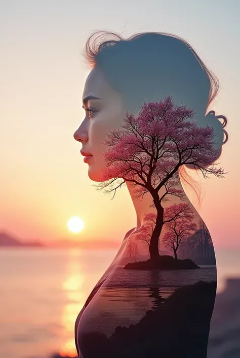 high quality, 8K Ultra HD, A beautiful double exposure that combines an goddess silhouette with sunset coast, sunset coast should serve as the underlying backdrop, with its details incorporated into the goddess , crisp lines, The background is monochrome, ...