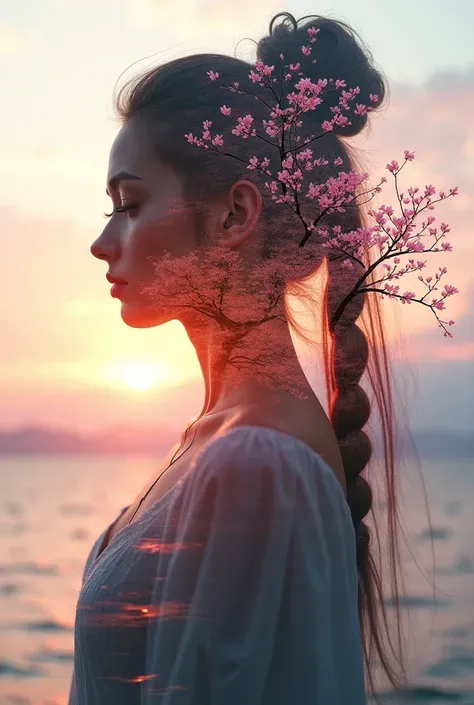 high quality, 8K Ultra HD, A beautiful double exposure that combines an goddess silhouette with sunset coast, sunset coast should serve as the underlying backdrop, with its details incorporated into the goddess , crisp lines, The background is monochrome, ...