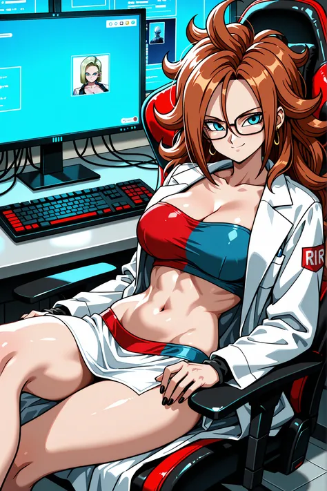 Masterpiece, highly detailed, character, Dragon Ball, Android 21, fair skin, medium hair, auburn hair, messy hair, smile, slender figure, toned, large_breasts, slender waist, reclining sideways in a gaming chair, keyboard on her lap, bikini (red and blue b...