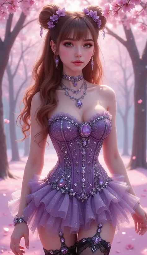 A young woman with fair skin and long, wavy auburn hair stands in a vibrant cherry blossom forest. Her hair is styled in two buns adorned with purple floral clips, and she wears an elaborate purple strapless corset with intricate silver embellishments, hig...