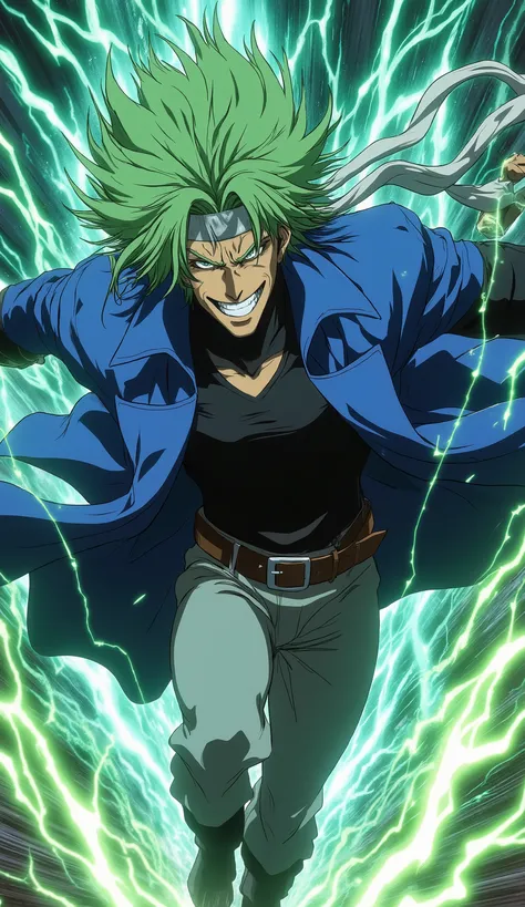 A masterpiece anime illustration with a blend of fantasy realism, capturing a high-octane speedster scene. A male character with messy, layered grass-green spiky hair swept back by aerodynamic drag, wearing a white headband across his forehead with long ta...