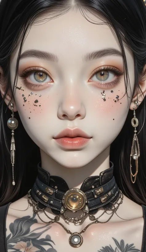 ((a close up of a woman. An elegant and delicate cartoon that slightly exaggerates the hyperrealistic features :1.52, Make it delicate and sensual  :1.5,  accentuating features such as a fleshy and thick mouth  ,  slightly larger eyes made up with bright a...