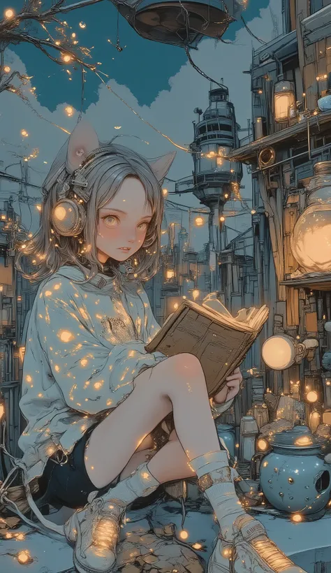 photography, ultra alta resolución, Photo RAW, charming anthropomorphic cat-demon anime reading a book of spells on the, curiously focused expression with large, round eyes and small fangs that peek out, soft cream-colored fur with markings Shaped like con...