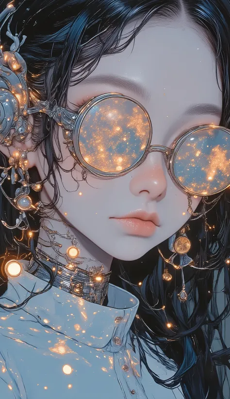 ((centered image, a close up of a beautiful woman's face half profile beautiful cheerful smile, with exaggerated features caricaturized in the kawaii style :1.52, thick, fleshy lips with kissable glitter , great with glitter and highlights ,  false eyelash...