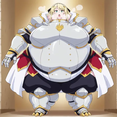 hildegardminaslestia, armor, blonde hair
addmicrodetails,, breasts, fat, chubby, obese, fat neck, multiple chins, big breasts open mouth, out of breath, Larger female, full body shot, only head, large head, oversized limbs, large hands, large feet, oversi...