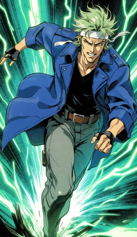 A masterpiece anime illustration with a blend of fantasy realism, capturing a high-octane speedster scene. A male character with messy, layered grass-green spiky hair swept back by aerodynamic drag, wearing a white headband across his forehead with long ta...