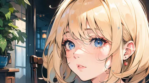 Sit on a chair and do makeup、staring at myself with a sad gaze、Shoulder-length hair、slightly disheveled natural style、quiet and lonely atmosphere、A delicate and transparent depiction、「I don't like myself」emotional composition that symbolizes feelings。 lig...