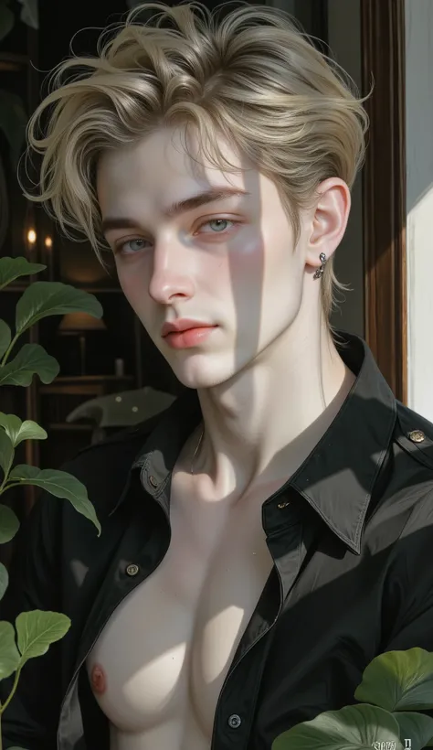 anime:1.5, a close up of a blond European man , Handsome and elegant , In a black shirt looking at the camera on the left side of a dark room , darkened and blackened left side , On the right side, sunlight enters your face and vertical shadows fro...