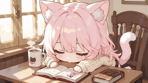 Chibi,(chibi:1.4),A cute shy Japanese girl with cat ears and a soft fluffy cat tail, sitting alone in a warm cozy Japanese café during the morning light. She gently leans her body slightly to the side in an adorable shy pose while reading a small book. Sof...