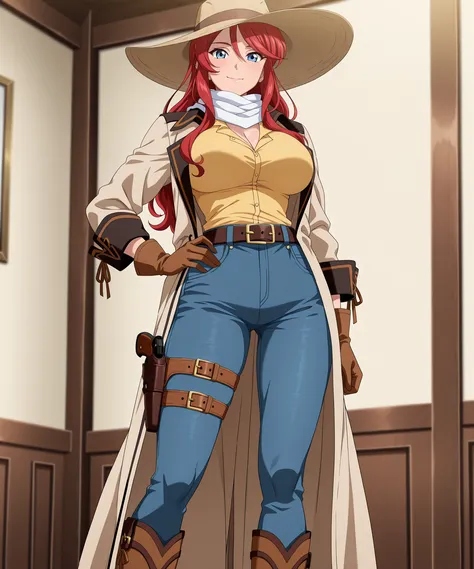 absurdres, amazing quality, best quality, masterpiece, newest, source_anime, anime_screencap, anime coloring, SWNY_Gemini_IL, 1girl, solo,
mature female, (red hair, long hair, hair down, sidelocks), blue eyes, big breasts, toned body,
(headwear, light-br...