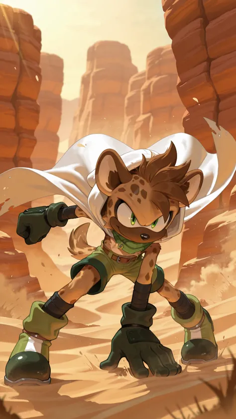 masterpiece, best quality, amazing quality, very aesthetic, high resolution, ultra-detailed, absurdres, newest, scenery, furry, anthro, sonic \(series\), 1boy, male furry, hyena, brown messy hair, shorts hair, green scarf, green eyes, green boots, black so...