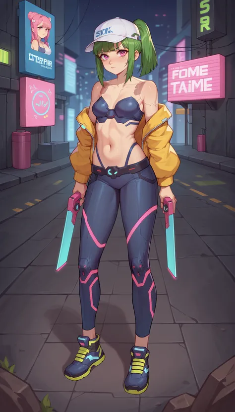 Masterpiece, the best quality, high quality, ultra detailed, master-piece, hyper quality, hyper detailed, perfect drawing, excellent and accurate human body anatomy, sexy body figure, slim figure, 1 female, pink eyes, short green hair (with white cap), wea...