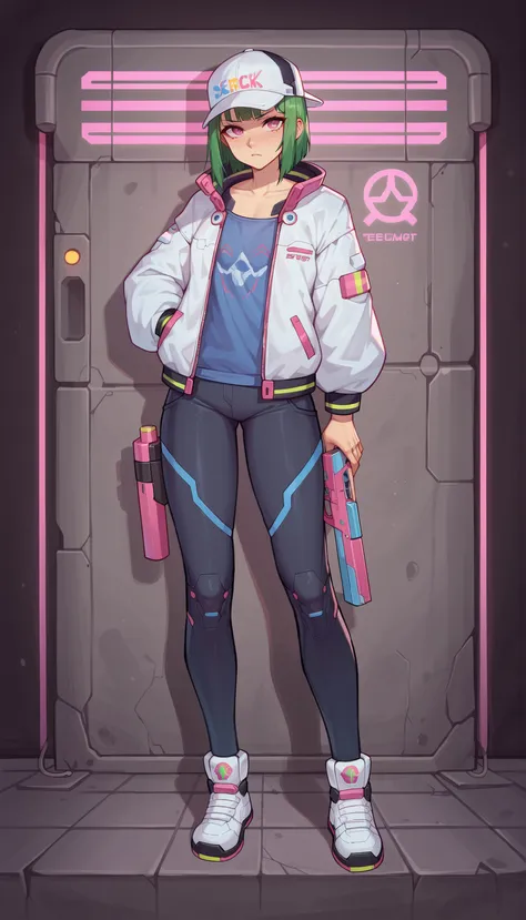 Masterpiece, the best quality, high quality, ultra detailed, master-piece, hyper quality, hyper detailed, perfect drawing, excellent and accurate human body anatomy, sexy body figure, slim figure, 1 female, pink eyes, short green hair (with white cap), wea...