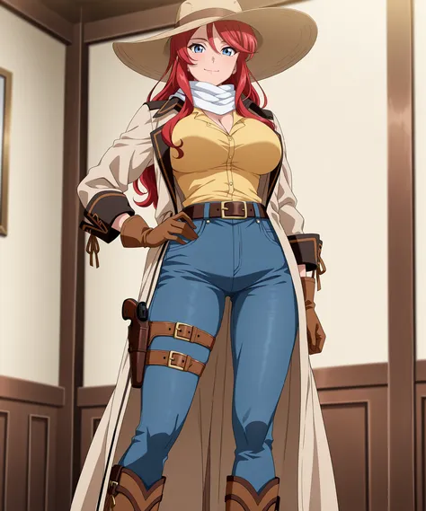 absurdres, amazing quality, best quality, masterpiece, newest, source_anime, anime_screencap, anime coloring, SWNY_Gemini_IL, 1girl, solo,
mature female, (red hair, long hair, hair down, sidelocks), blue eyes, big breasts, toned body,
(headwear, light-br...