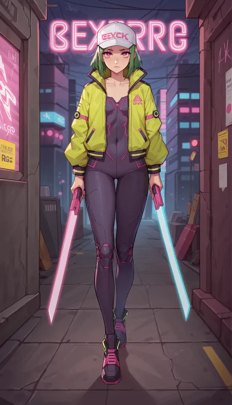 Masterpiece, the best quality, high quality, ultra detailed, master-piece, hyper quality, hyper detailed, perfect drawing, excellent and accurate human body anatomy, sexy body figure, slim figure, 1 female, pink eyes, short green hair (with white cap), wea...