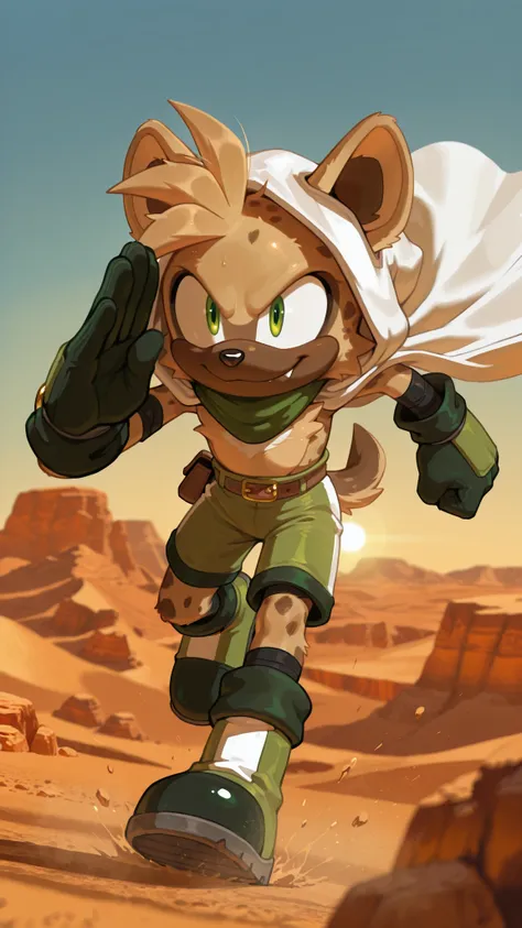 masterpiece, best quality, amazing quality, very aesthetic, high resolution, ultra-detailed, absurdres, newest, scenery, furry, anthro, sonic \(series\), 1boy, male furry, hyena, brown messy hair, short hair, green scarf, green eyes, green boots, black sol...