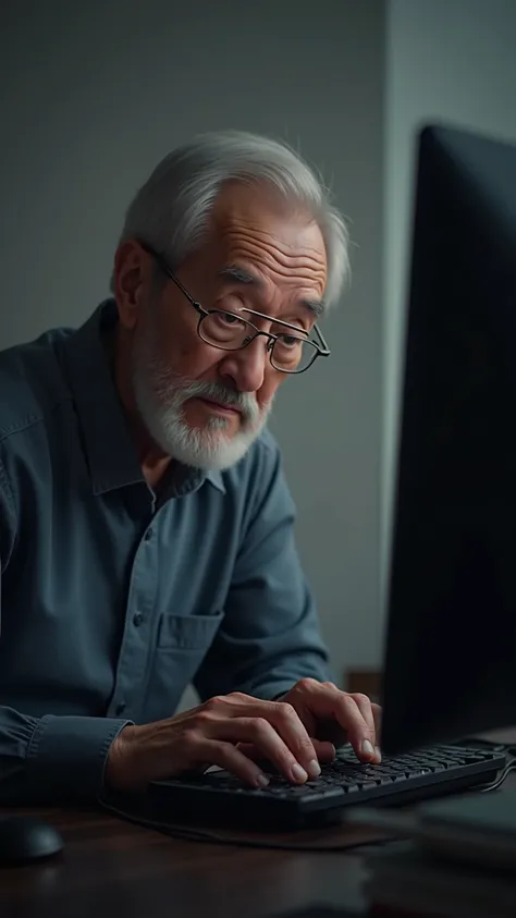 ((4K、original photos、High Fine))、(((high performance camera)))、(((Realistic)))、(((Realistic)))、An old man wearing glasses is pressing the computer keyboard with one finger。
