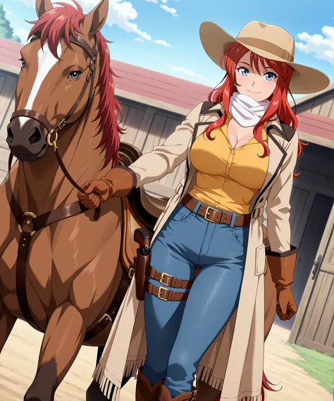 absurdres, amazing quality, best quality, masterpiece, newest, source_anime, anime_screencap, anime coloring, SWNY_Gemini_IL, 1girl, solo,
mature female, (red hair, long hair, hair down, sidelocks), blue eyes, big breasts, toned body,
(headwear, light-br...