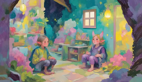 underground elven workshop in classic cartoon style from the 90s, elves with elastic and exaggerated movements, an elf being catapulted by a crazy invention, another comically stretched trying to reach a high shelf, cartoon physics where objects deform and...