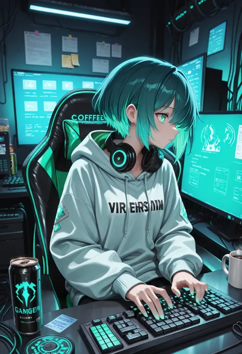 (masterpiece, best quality, ultra detailed, 4k),  
gamer girl sitting at dark gaming room, face turned towards monitor, eyes focused on monitor, LED lights, gaming chair, multiple monitors, wearing casual gamer fashion: oversized hoodie with hood down, hea...