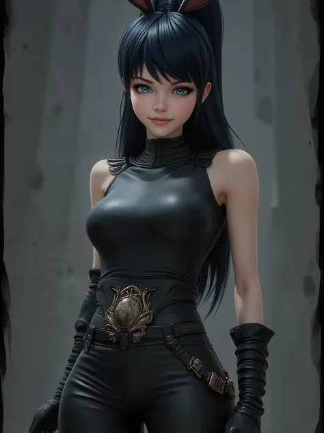 ARSMJ style, Esoteric Science Fiction, Realistic Cartoon , Marinette Dupain-cheng, A very beautiful and cute 22-year-old woman. light smile , cabello largo, rabbit ears, Deep Look, blue eyes, western eyes, detailed blue eyes, beautiful eyes, natural pink ...