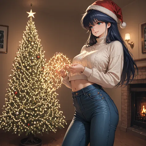 (ayukawa madoka),(1girl),smile,happy,{{masterpiece}}, {{{Highest Quality}}}, {{Super Detailed}}, {{illustration}}, beautiful details,wonderful,Precise Details,very awa,dark blue hair,busty,
white sweater,crop top,low rise jeans,Santa's cap,she is decoratin...